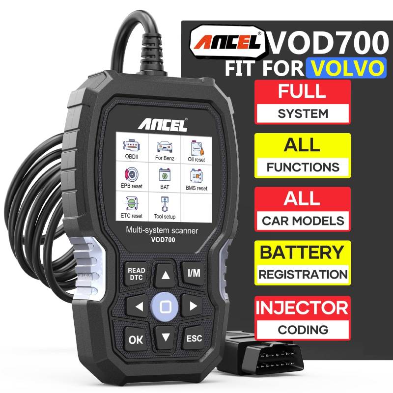 ANCEL VOD700 OBD2 Diagnosegerät Fit für Volvo Fahrzeuge, Vollständige Systeme Volle Funktion Auto Auslesegerät, Fehlercodes Auslesen und Löschen mit Öl EPB ABS SRS SAS TMPS Fuel Pump BAT BAS Reset von ANCEL