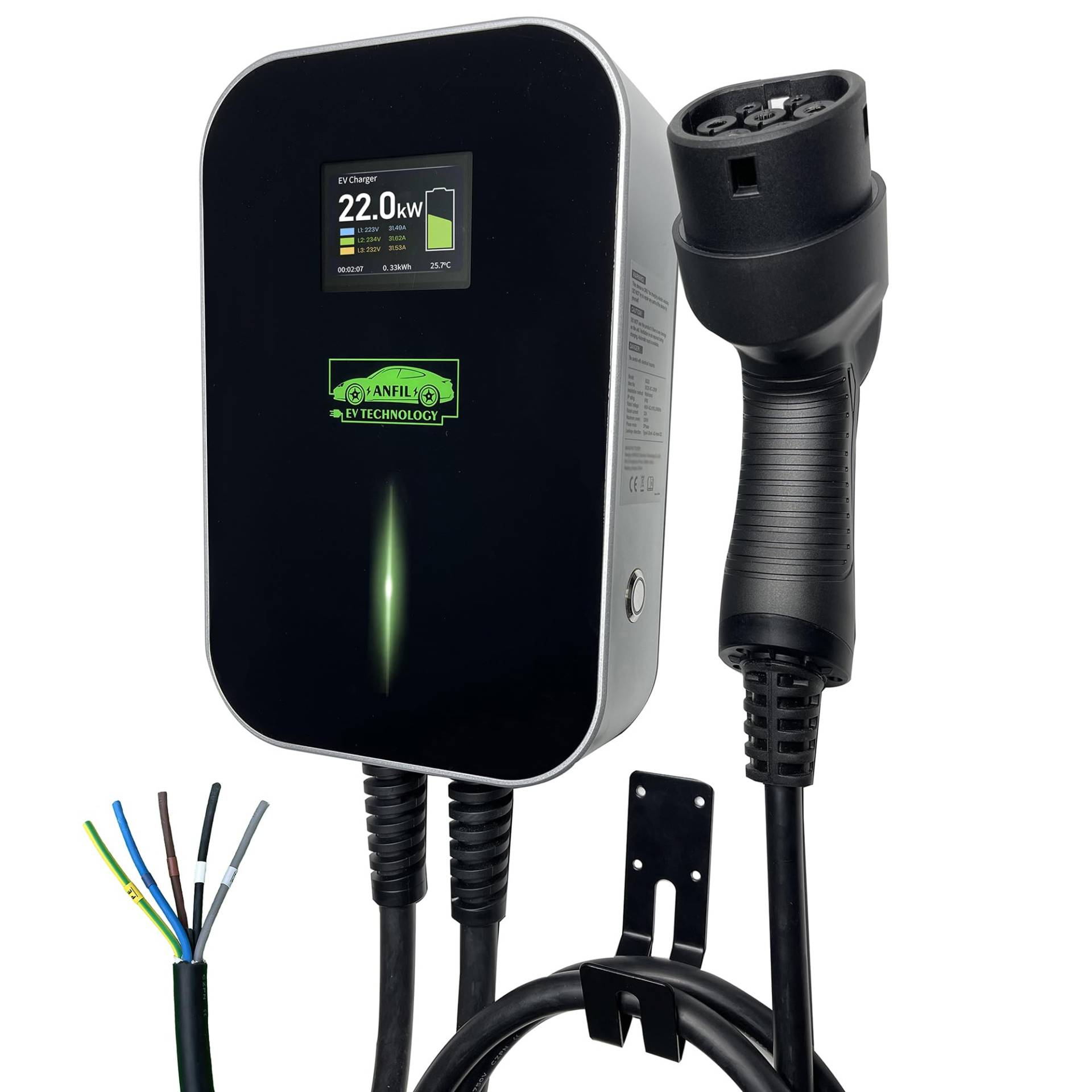 ANFIL Dreiphasen - EV Ladestation - EU-Standard-Ladegerät, IEC 62196-2 - mit 6,1m Ladekabel Typ 2 Stecker - mit 1m Stromkabel zum Verteilerkasten - Schnellladung (32A / 22 KW) von ANFIL Solar Technology