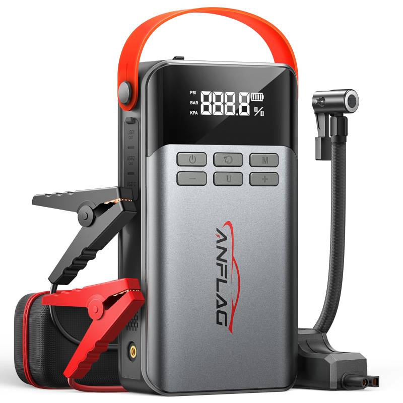 Starthilfe Powerbank mit Kompressor, 8-in-1 Auto Starthilfe 150 PSI 5000A Spitzenstrom für All Benzin und 10.0L Dieselmotor 21800mAh Starter Powerbank Tragbare LCD-Bildschirm 600Lumen LED Taschenlampe von ANFLAG