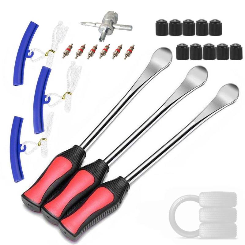 ANGNYA Reifenheber Reifen Montiereisen 3pcs Reifenheber montierhebel Werkzeug 3pcs Rad Felge Protektoren Tool Kit 10 Reifenventilkappen und Kappen Werkzeugsatz für Motorrad Fahrrad von ANGNYA