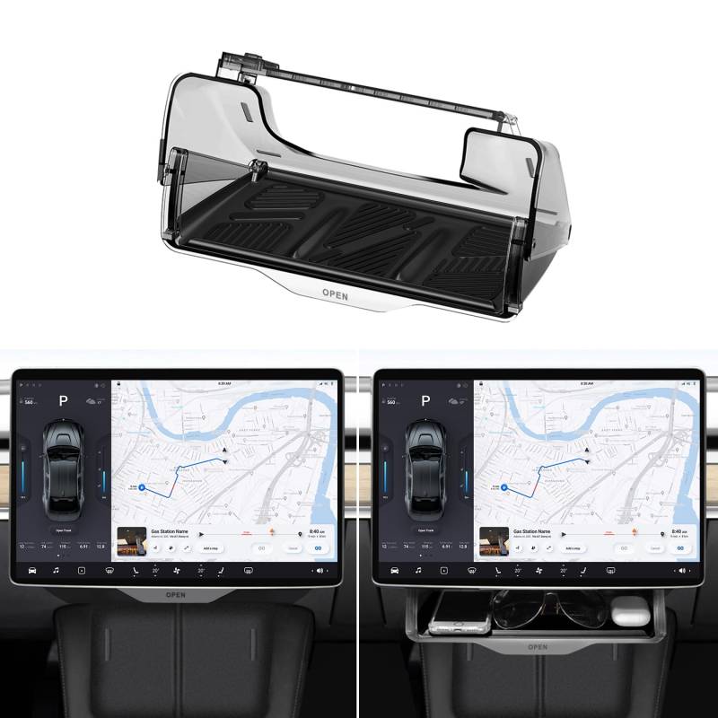 ANKEWAY Mittelkonsolen Organizer Tablett für Model Y Model 3, Versteckbare Organizer Box unter dem Bildschirm mit Schwarzem, Abnehmbarem, Rutschfestem Silikonpolster, Model Y/3 Zubehör 2016–2024 von ANKEWAY