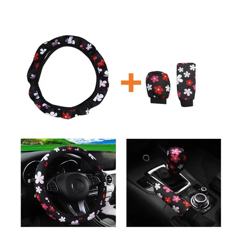 Lenkradbezug Winter Warm Abdeckung Handbremse Abdeckung Griff Abdeckung 3 Stück Stoff Karo Blume Spinnennetz Auto Ohne Innenring Lenkrad Auto Lenkradbezug rutschfest(Red White Flower) von ANNAKETZPW