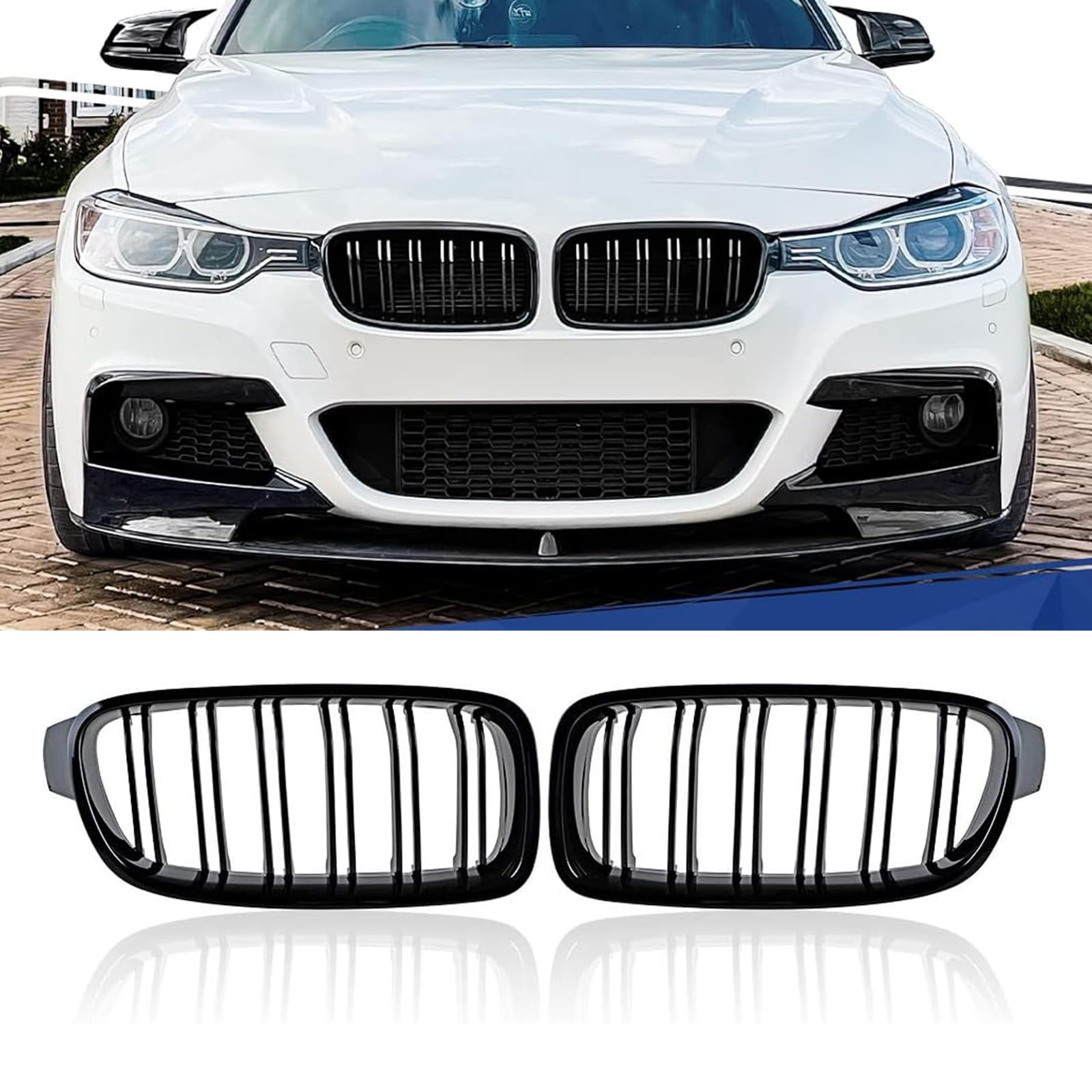 AOIQTTJNB F30 F31 Kühlergrill für BMW 3er F30 F31 Schwarz Nieren 3er Schwarz Kühlergrill Streifen Doppelsteg F30 Nieren 2012-2018 von AOIQTTJNB