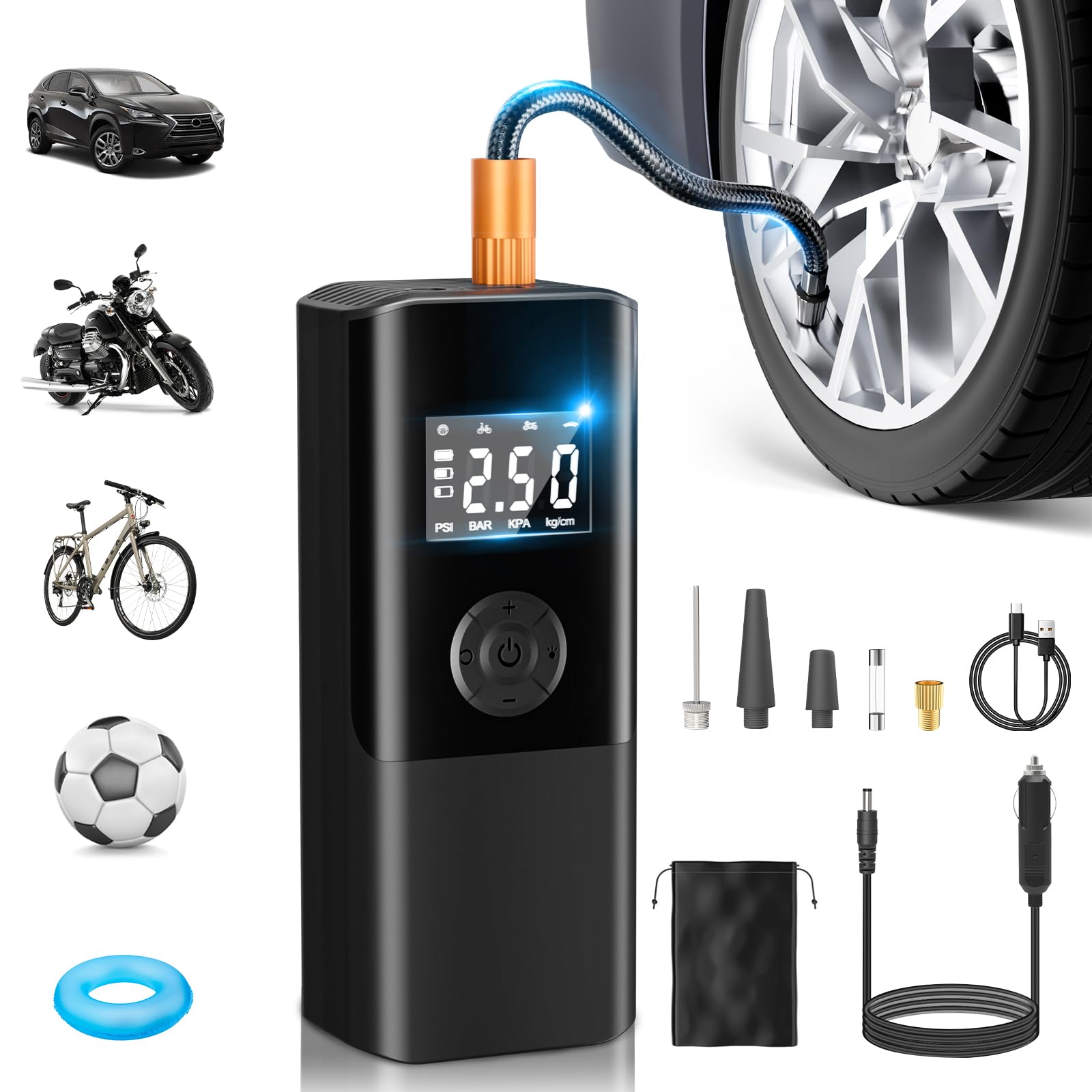 AOKBON Luftpumpe 150PSI Elektrische Fahrradpumpe Mini Kompressor 12V EasyPump Mit Alle Ventile Autostop Funktion LCD LED Reifenfüller Tragbarer Luftkompressor über USB-C wiederaufladbar Als Powerbank von AOKBON