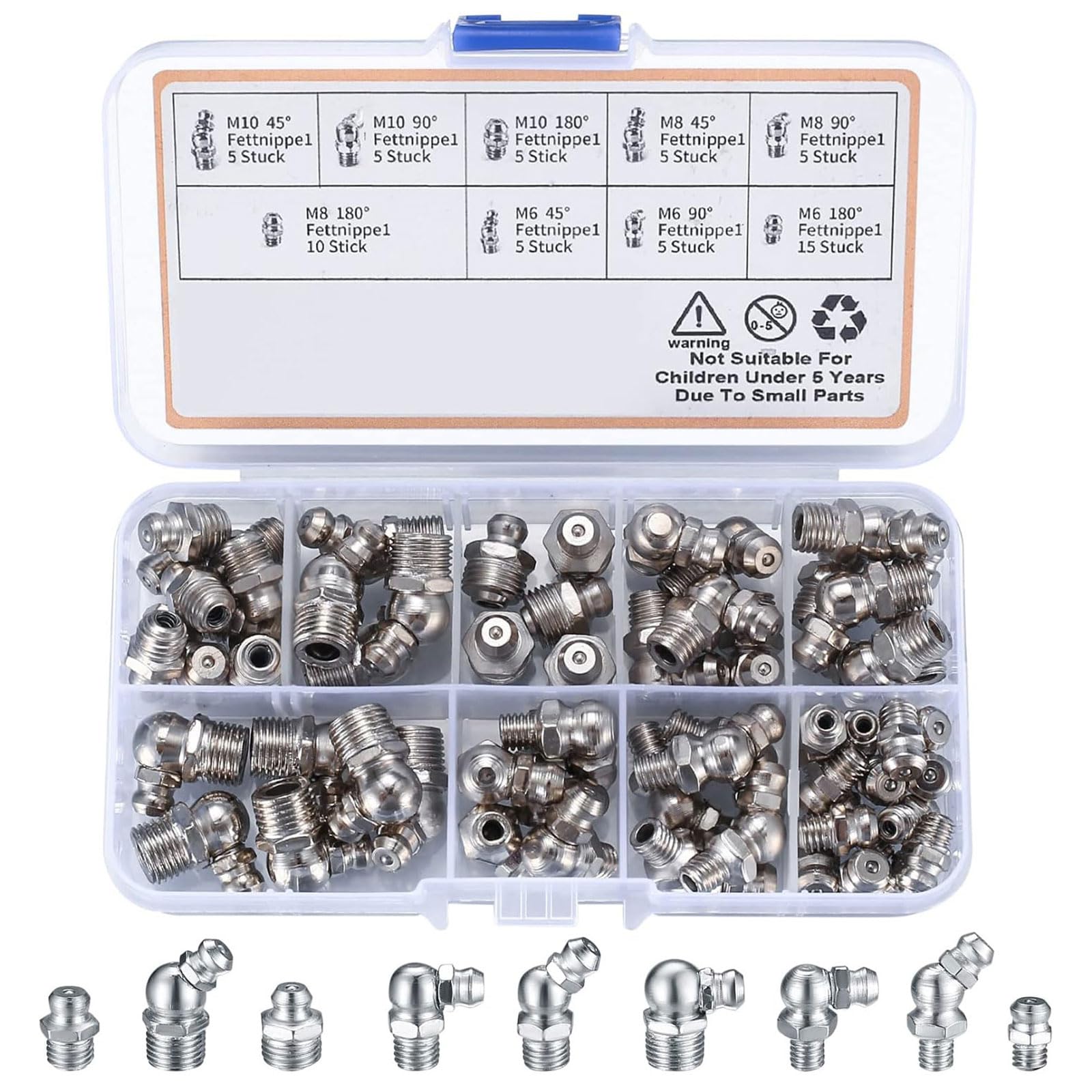 AOMiGT Schmiernippel Sortiment Kit, 60pcs Kegelschmiernippel, Abschmiernippel, M6 M8 M10 Kegelnippel, 45 ° 90 ° 180 ° Gerader Hydraulik Fettnippel mit Aufbewahrungsbox, für Schmierpressen von AOMiGT