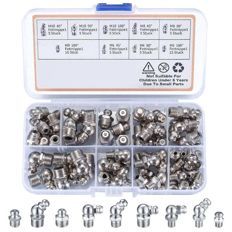 AOMiGT Schmiernippel Sortiment Kit, 60pcs Kegelschmiernippel, Abschmiernippel, M6 M8 M10 Kegelnippel, 45 ° 90 ° 180 ° Gerader Hydraulik Fettnippel mit Aufbewahrungsbox, für Schmierpressen von AOMiGT