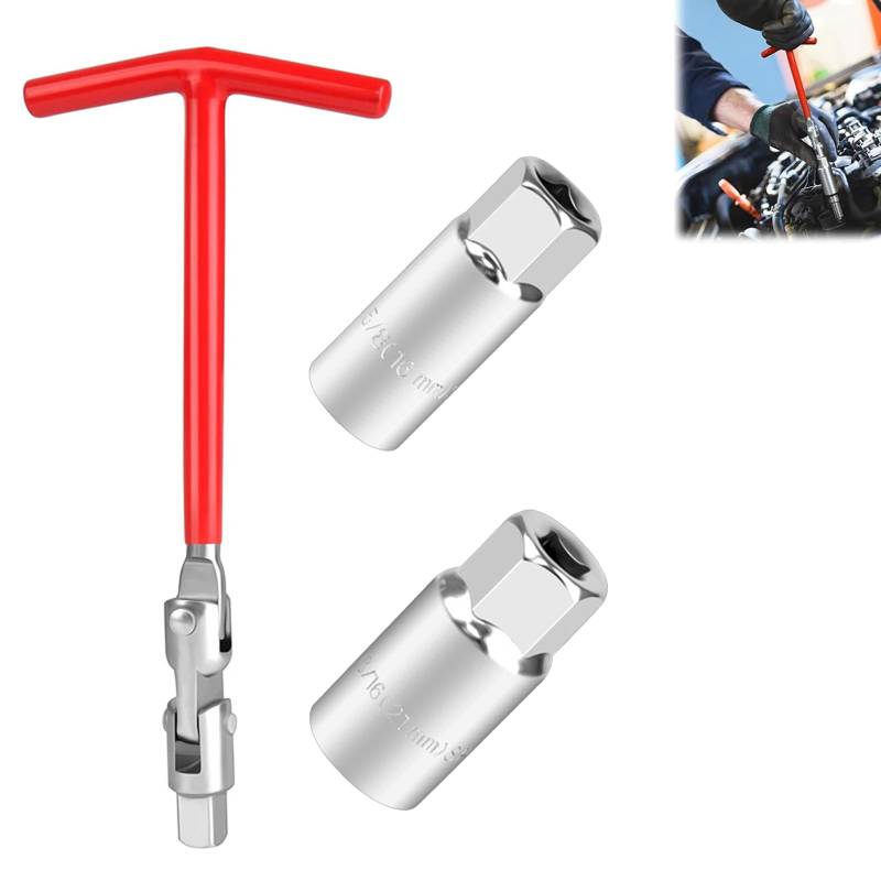 AOMiGT Zündkerzenschlüssel Satz, 16 mm/21mm Universal Flexibel Zündkerzenschlüssel Set, Zündkerzenschlüssel Matthandgriff Universal, Motorrad Griffe, T-Bar-Steckschlüssel für Auto und Motorrad (Rot) von AOMiGT