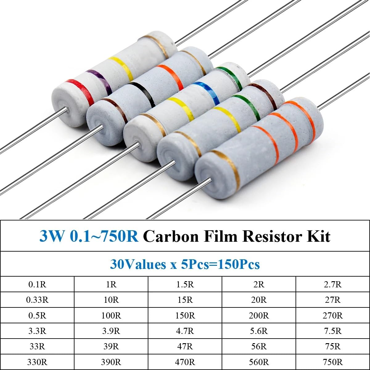 Regelwiderstände 150 Stück 3 W 0,1~750 R Kohleschichtwiderstände, sortiertes Kit, 30 Werte x 5 Stück = 150 Stück Musterkit, Farbringwiderstand von AOUHRHQPM