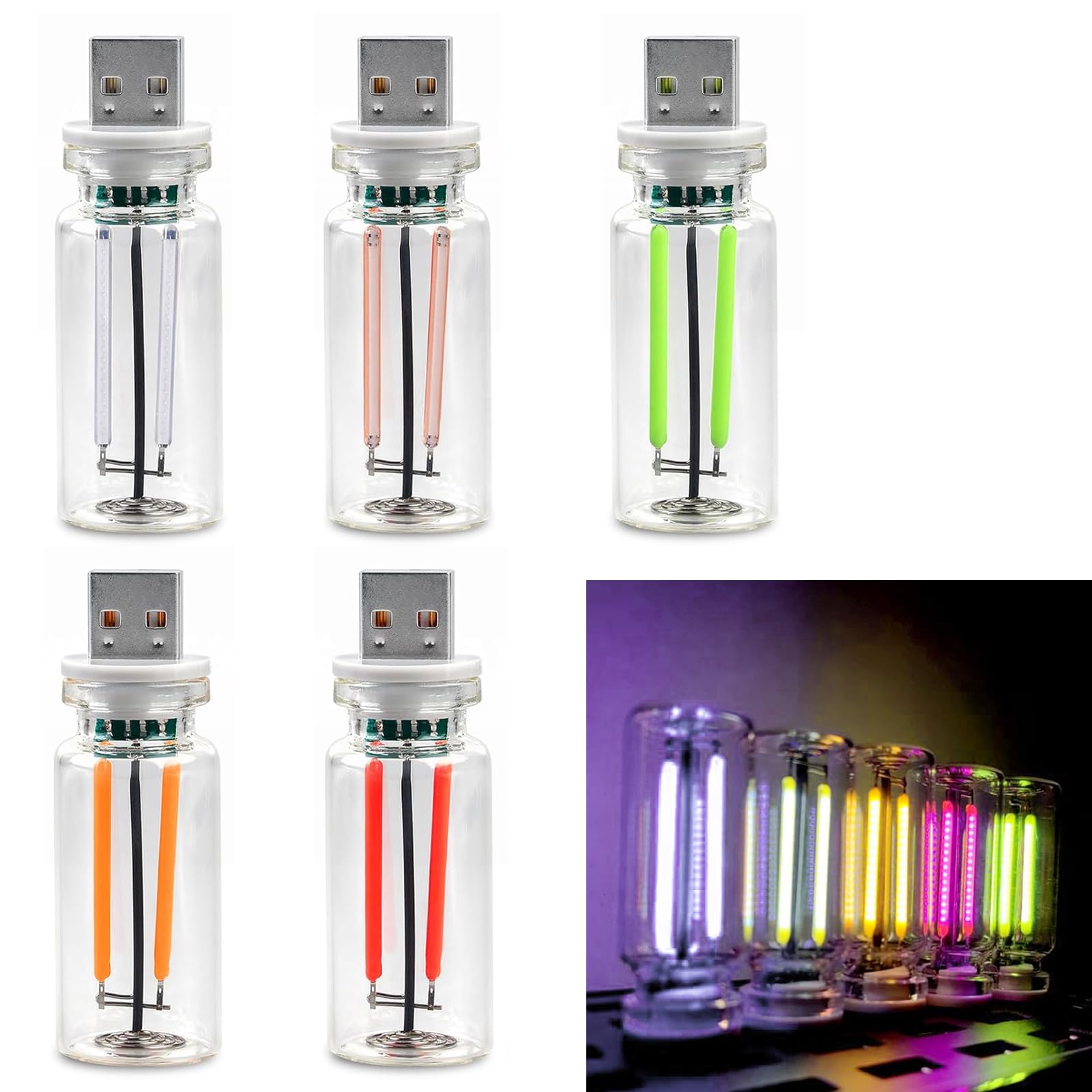 AOUZOVLI 5 Stück USB Licht,USB LED,Kreative Glasflasche USB Licht Auto,Ambientebeleuchtung Auto,Plug-In Auto LED Innenbeleuchtung,Auto Ambientebeleuchtung,für Laptop,Büro,Auto,Schlafzimmer,Flur von AOUZOVLI