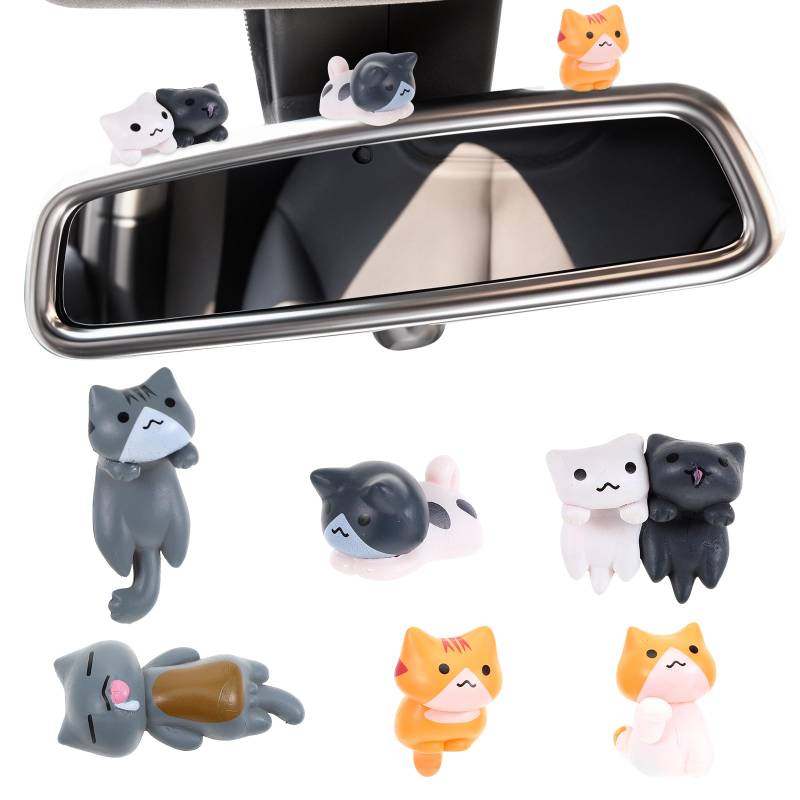 AOZUO 6 Stück Katzen Auto Deko,Süße Auto Innenraum Deko,Mini Katzenfiguren Auto Accessoires Armaturenbrett Dekoration Lustige Muschi Rückspiegel Ornamente Geschenke Innendekoration für Zuhause von AOZUO