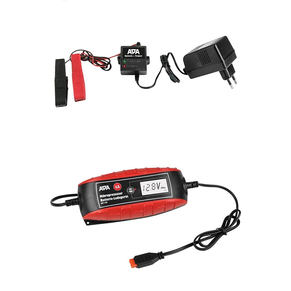 Bundle aus APA 16506 Batterie-Trainer, zur Erhaltung, Überwinterung, 12V, 500mA + APA 16617 Mikroprozessor Batterie-Ladegerät, 9-stufig, Ladeerhaltungsfunktion, 6/12V, 4A von APA