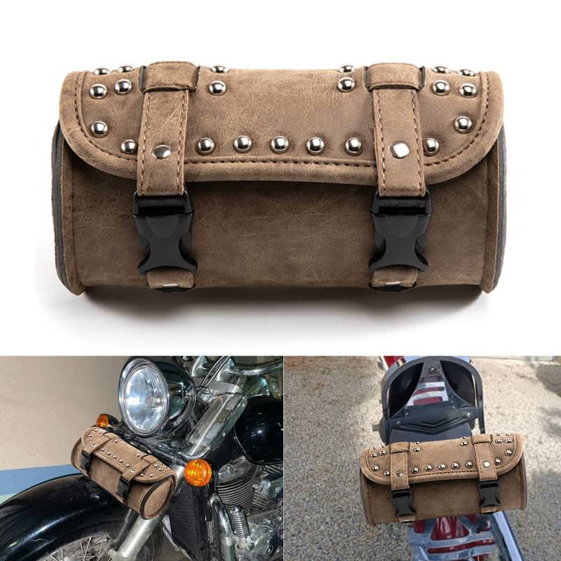 APEBAZY Motorrad Gabeltasche, Universal Lenker Werkzeugtasche Roll Barrel Bag Braun PU Leder Seitentaschentasche Dekorativ mit Nieten Für Sissy Bar Heckträger (Braun) von APEBAZY