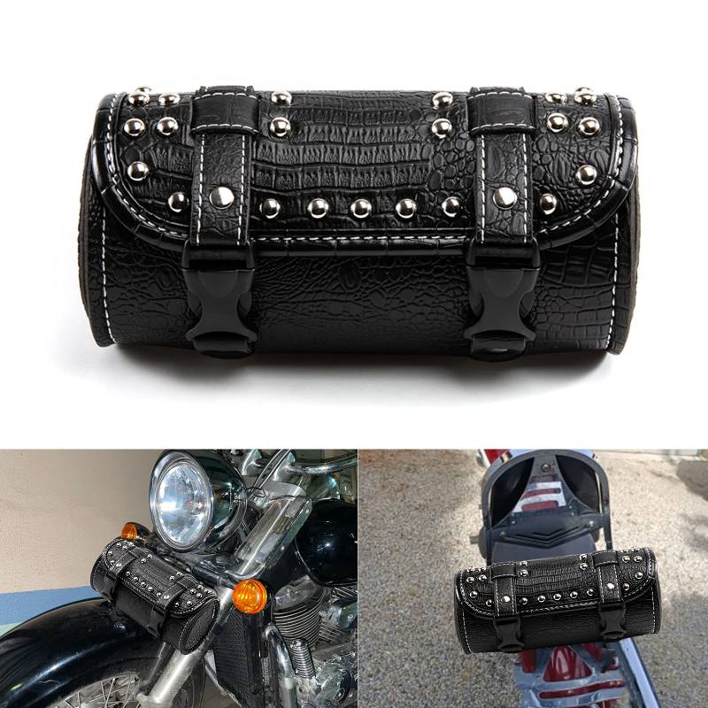 APEBAZY Motorrad Gabeltasche, Universal Lenker Werkzeugtasche Roll Barrel Bag Schwarz PU Krokodilleder Seitentaschentasche Dekorativ mit Nieten für Sissy Bar Heckträger (Schwarz) von APEBAZY