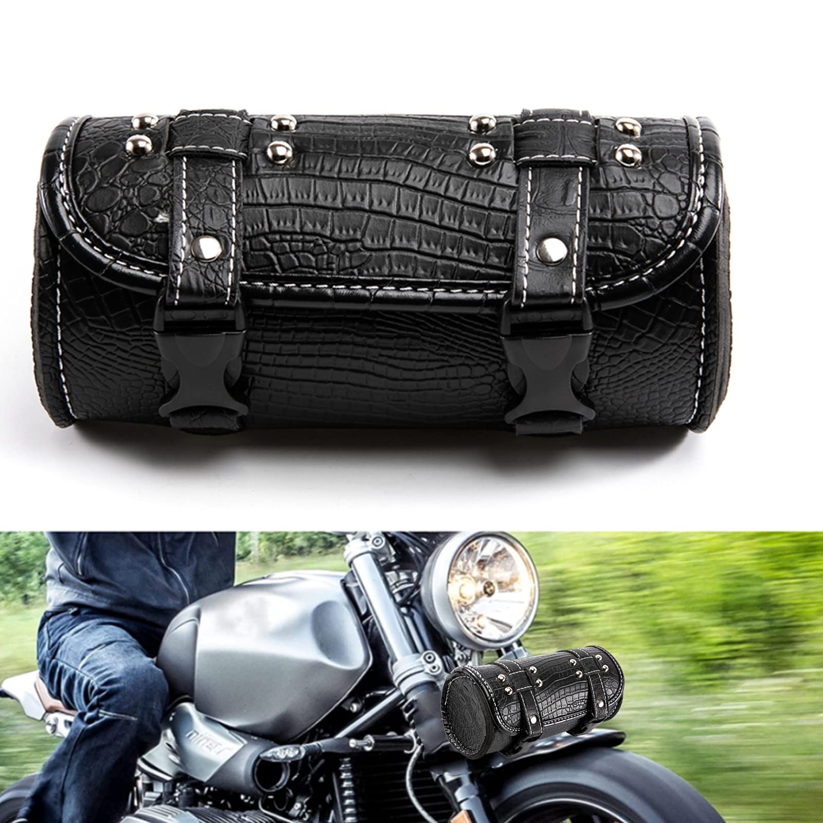 APEBAZY Universal Motorrad Lenkertasche, PU Krokodilleder Rollgabeltasche Sissy Bar Werkzeugtaschen wasserdichte Motorrad Satteltaschen mit Schnellverschluss-Schnallen (Schwarz) von APEBAZY