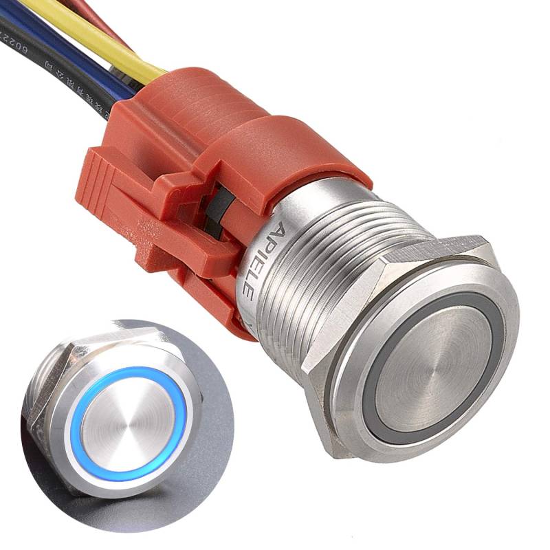 APIELE 19MM Verriegelung Druckschalter 12VDC 5A, Edelstahl mit LED Ringbeleuchtung wasserdicht Latch Drucktastenschalter mit vorverdrahtetem Stecker, Auto RV LKW Boot EIN/AUS Taste Schalter (Blau) von APIELE