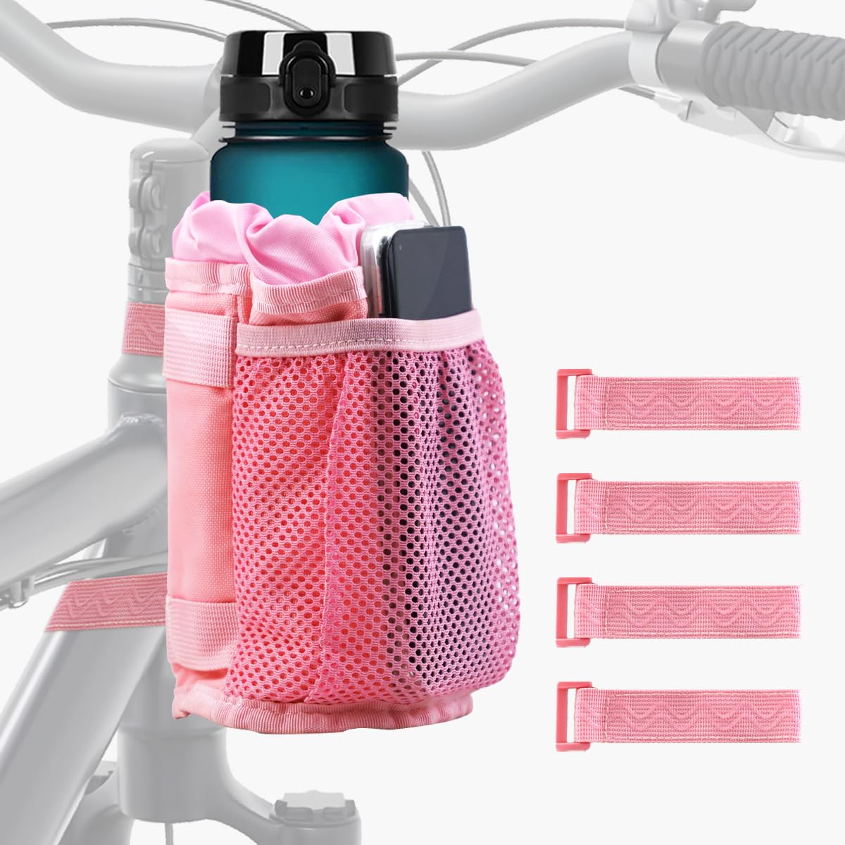 APKOL Flaschenhalter Fahrrad Ohne Schrauben, Getränkehalter Fahrrad, Trinkflaschenhalter Fahrrad, Fahrradflaschenhalterung mit Schultergurt,Wasserflasche Tasche für Kinderwagen, MTB, Rollstuhl,Rosa von APKOL