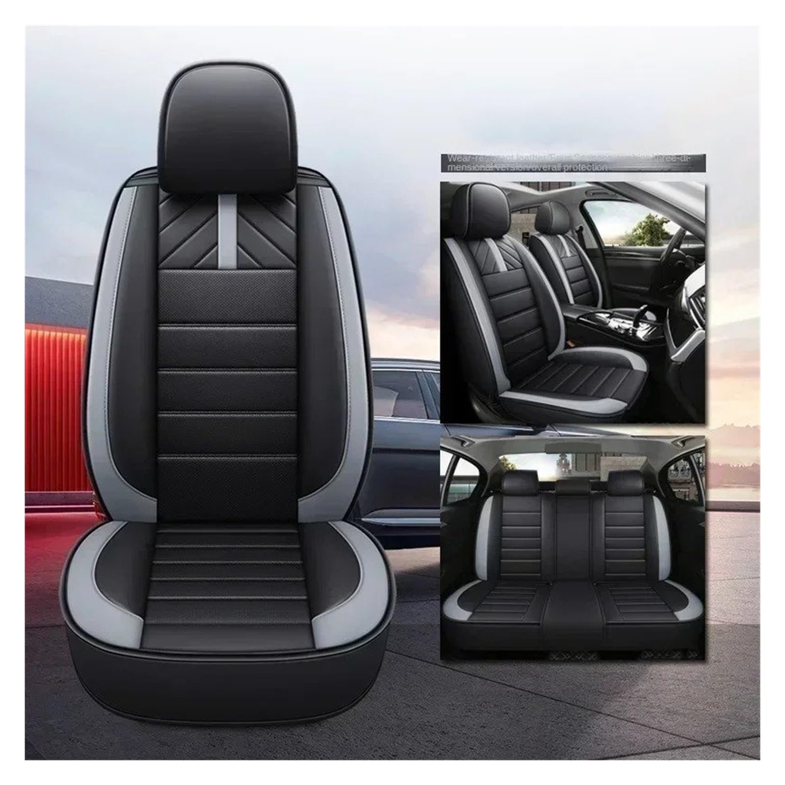 APNWVFO Sitzbezügesets Für Chevrolet Für Equinox Für Seeker Für Epica Für Orlando Für Rveo Für Menlo Für Captiva Universeller Autositzbezug Aus Leder Autositzüberzug(A-Black Grey 5 Seats) von APNWVFO