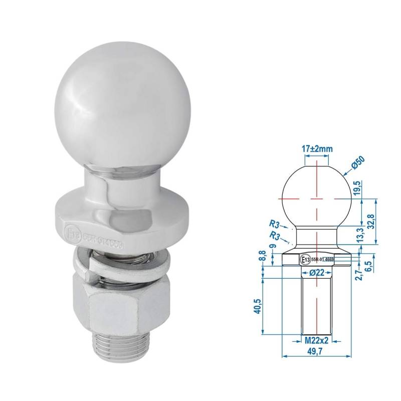 ProPlus 341211V01 Anhängerkupplung Ø50mm gerade Gewinde M22 x 50mm max. 2,0t D-Wert 9,81kN silber von APT