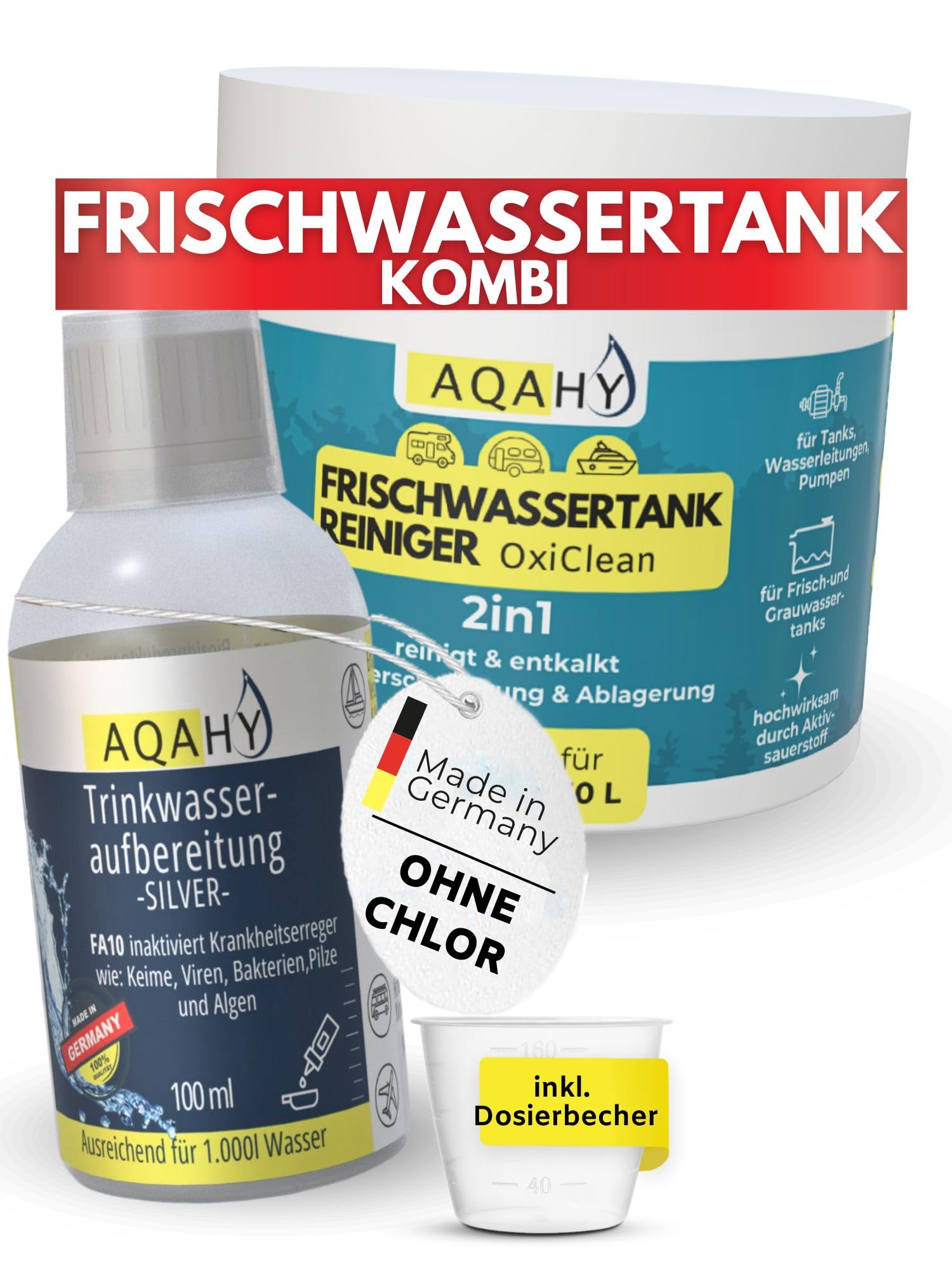 AQAHY Wassertank Reiniger Wohnmobil Oxi Clean - Frischwassertank Reiniger 2in1 reinigt und entkalkt – hochwirksamer Tankreiniger mit Aktivsauerstoff für Tank & Wasserleitung - Made in DE von AQAHY