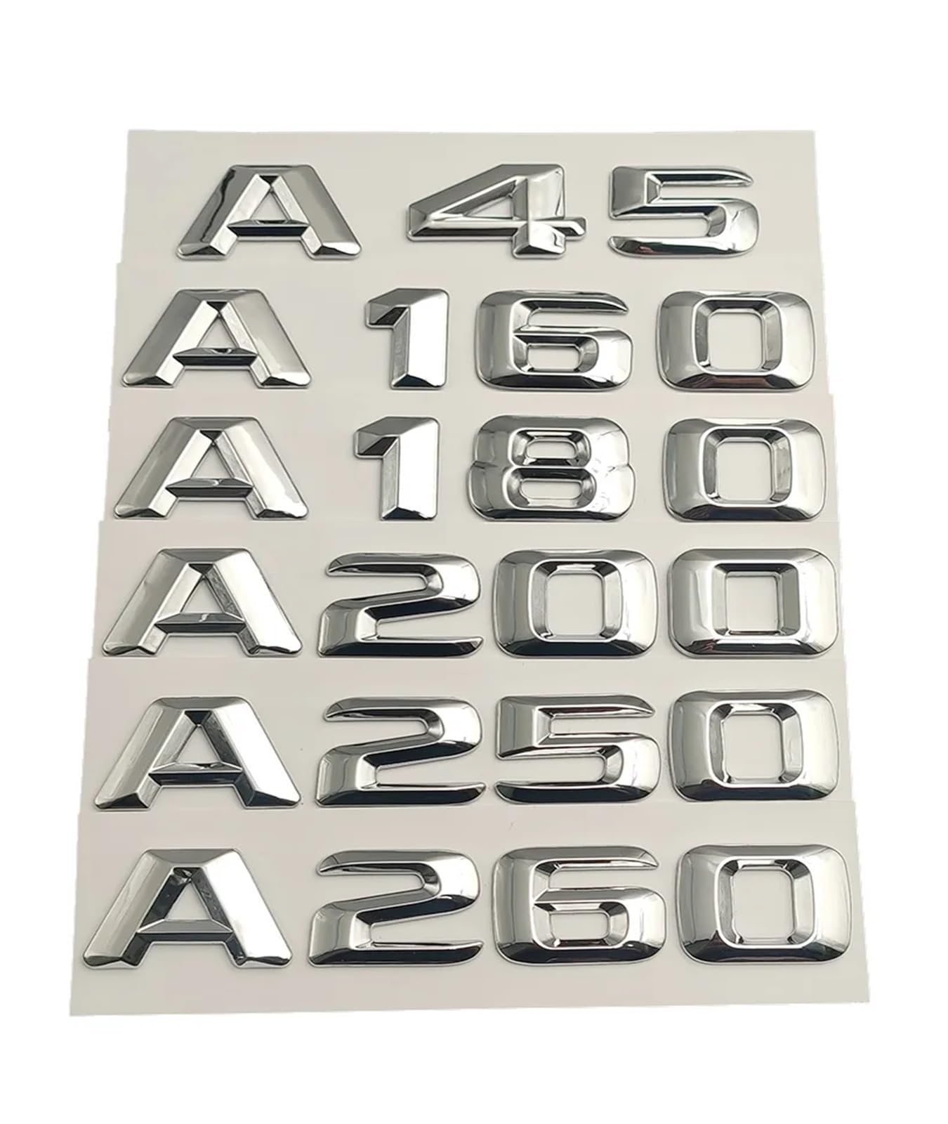AQXYWQOL 3D ABS schwarze Autobuchstaben kompatibel mit A45 A160 A180 A200 A250 A260 W176 W177 Emblem Abzeichen Logo Aufkleber Kofferraumzubehör Farbe ist konstant, verblasst nicht und beschädigt(Chrom von AQXYWQOL