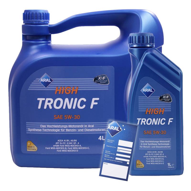 1 L + 4 L = 5 Liter ARAL HighTronic F 5W-30 Motoröl inkl. Ölwechselanhänger von ARAL