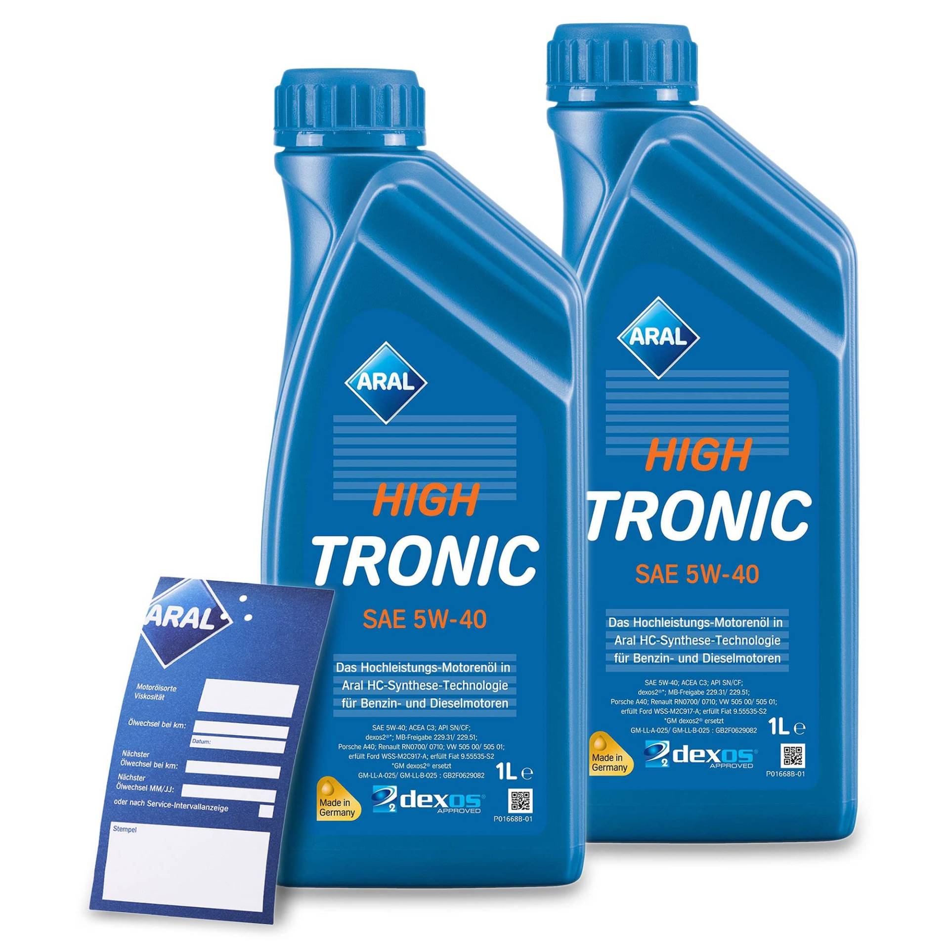 2x 1 L Liter ARAL HighTronic 5W-40 Motoröl inkl. Ölwechselanhänger von ARAL