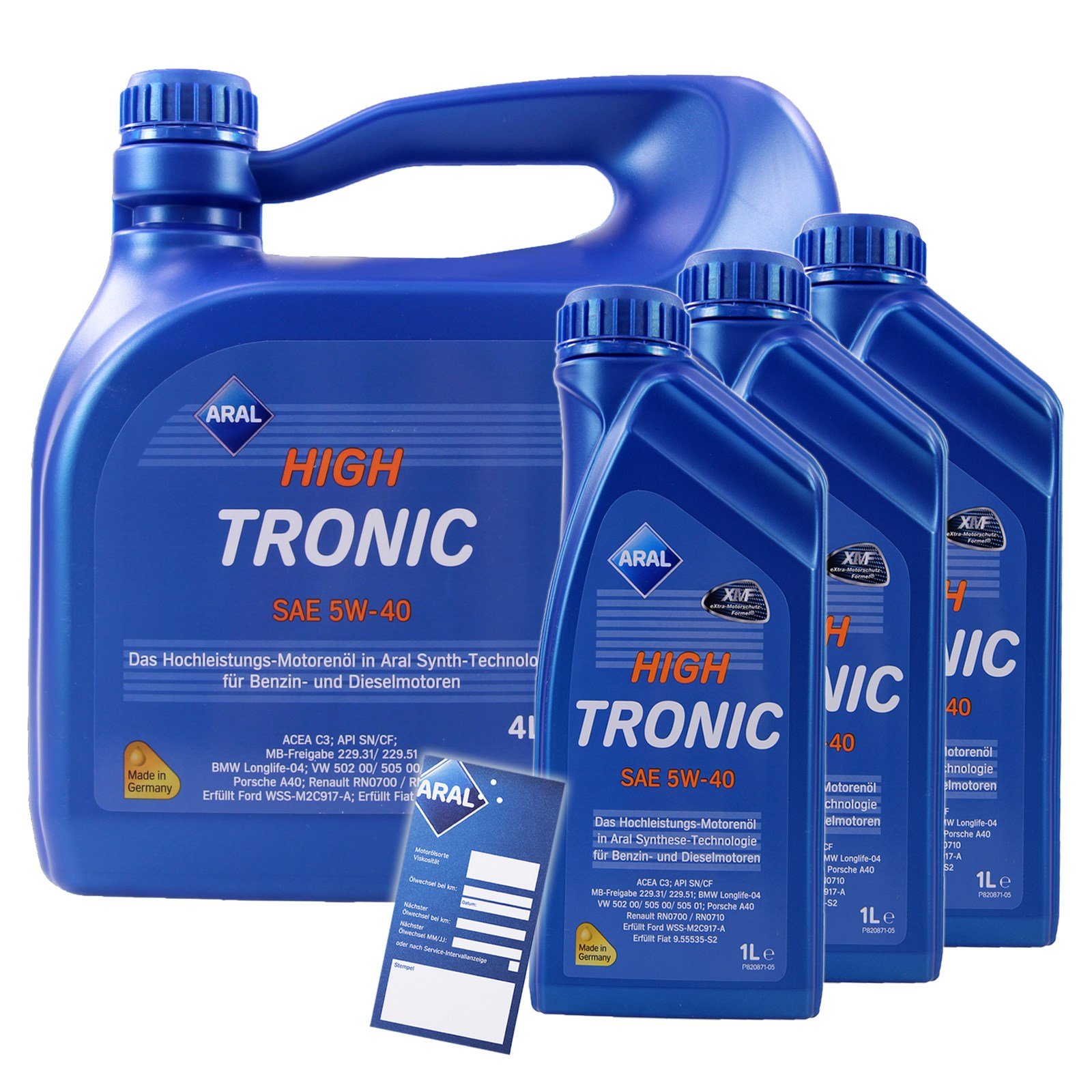 3x 1 L + 4 L = 7 Liter ARAL HighTronic 5W-40 Motoröl inkl. Ölwechselanhänger von ARAL