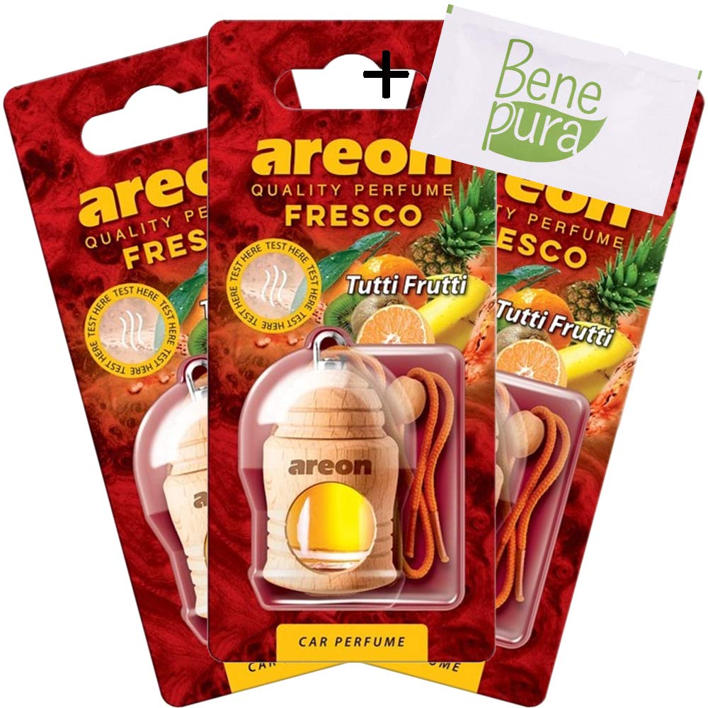 AREON Auto-Lufterfrischer Parfüm Fresco 4 ml - Tutti Frutti-duft - Hängende Flasche Diffusor mit Echtholzdeckel, langlebig, Set von 3 von AREON