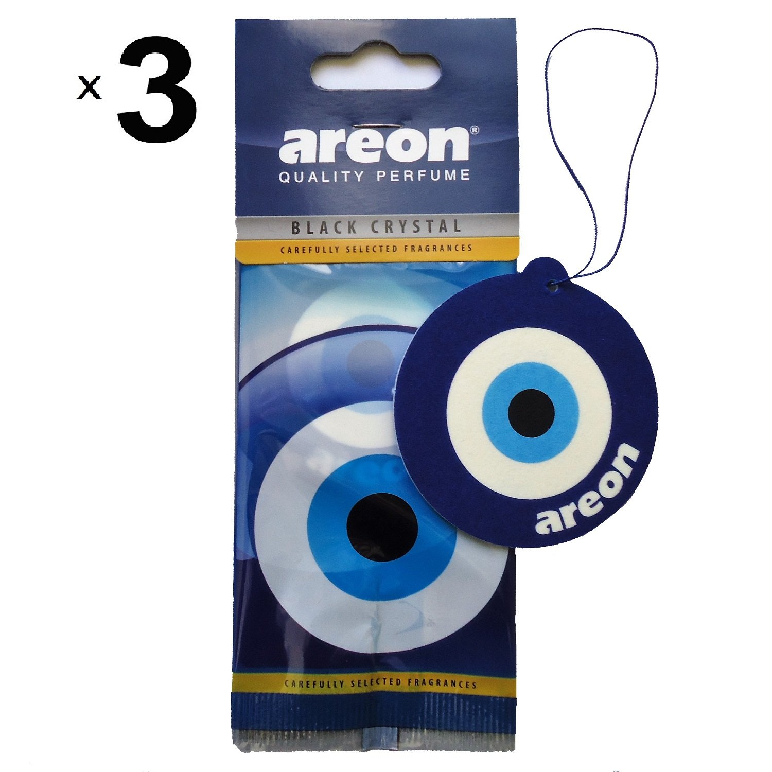 AREON Auto Lufterfrischer Schwarz Kristall Blau Auge Anhänger Hängend zum Aufhängen Spiegel Duft Autoduft Nazar Amulett Pappe 2D Wohnung Büro Set (Black Crystal Blue Eye Pack x 3) von AREON