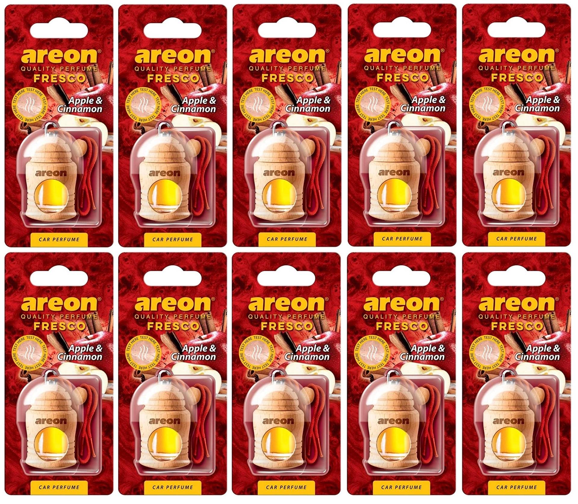 AREON Fresco Auto Duft Apfel Zimt Glas Duftflakon Flakon Holz Hängend Anhänger Spiegel Rot 4ml (Pack x 10) von AREON