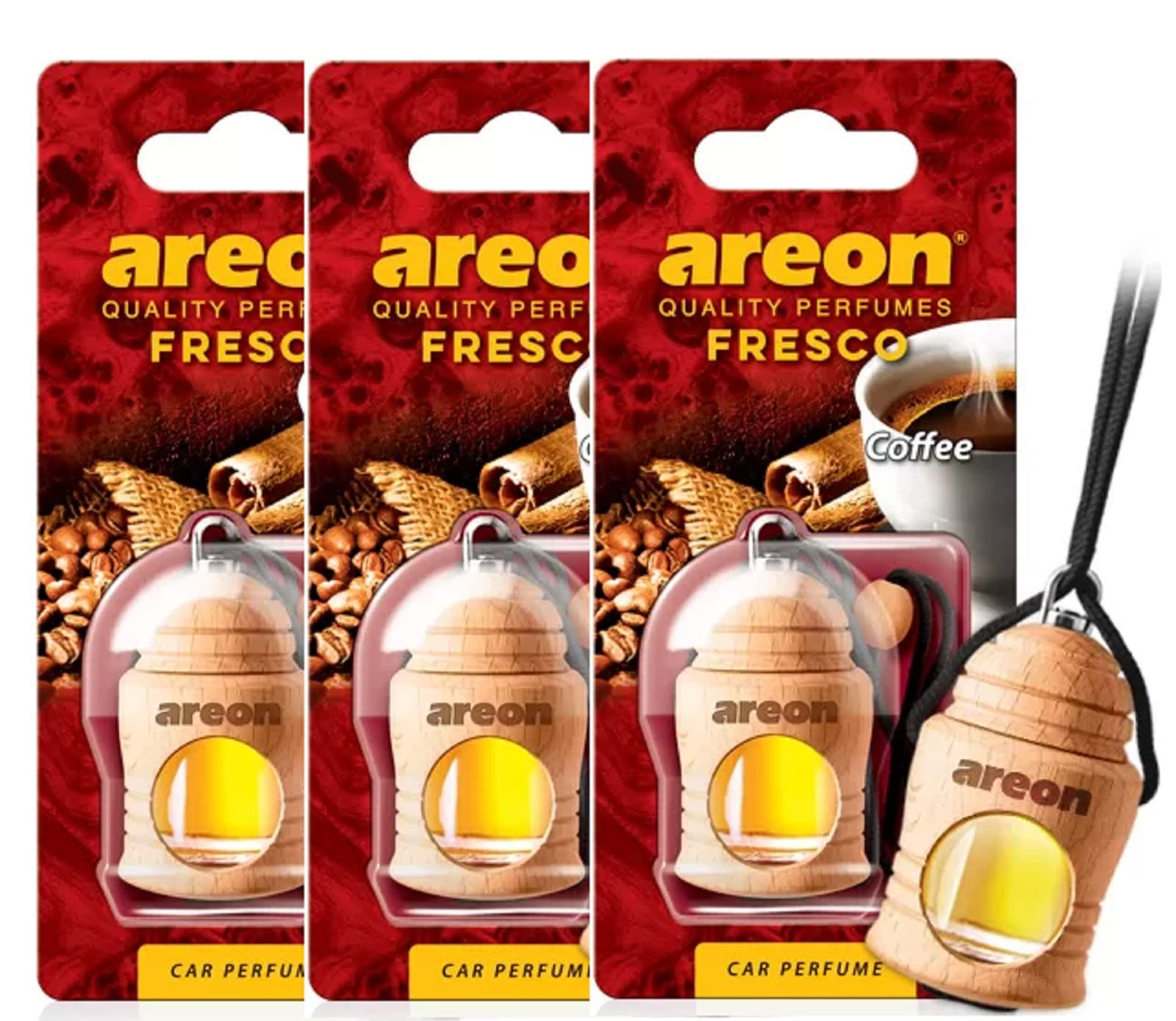 AREON Fresco Auto Duft Kaffee Schwarz Cafe Glas Duftflakon Flakon Holz Set Hängend Anhänger Spiegel 4ml (Pack x 3) von AREON