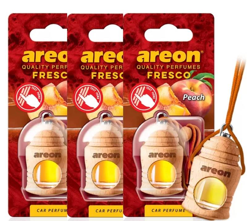 AREON Fresco Auto Duft Pfirsich Glas Duftflakon Orange Set Flakon Holz Hängend Anhänger Spiegel 4ml (Pack x 3) von AREON