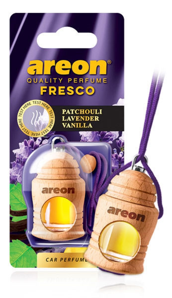 Areon Fresco Auto Duft Patchouli Lavendel Vanille Violett Glas Duftflakon Flakon Holz Hängend Anhänger Spiegel 4ml (Pack x 1) von AREON