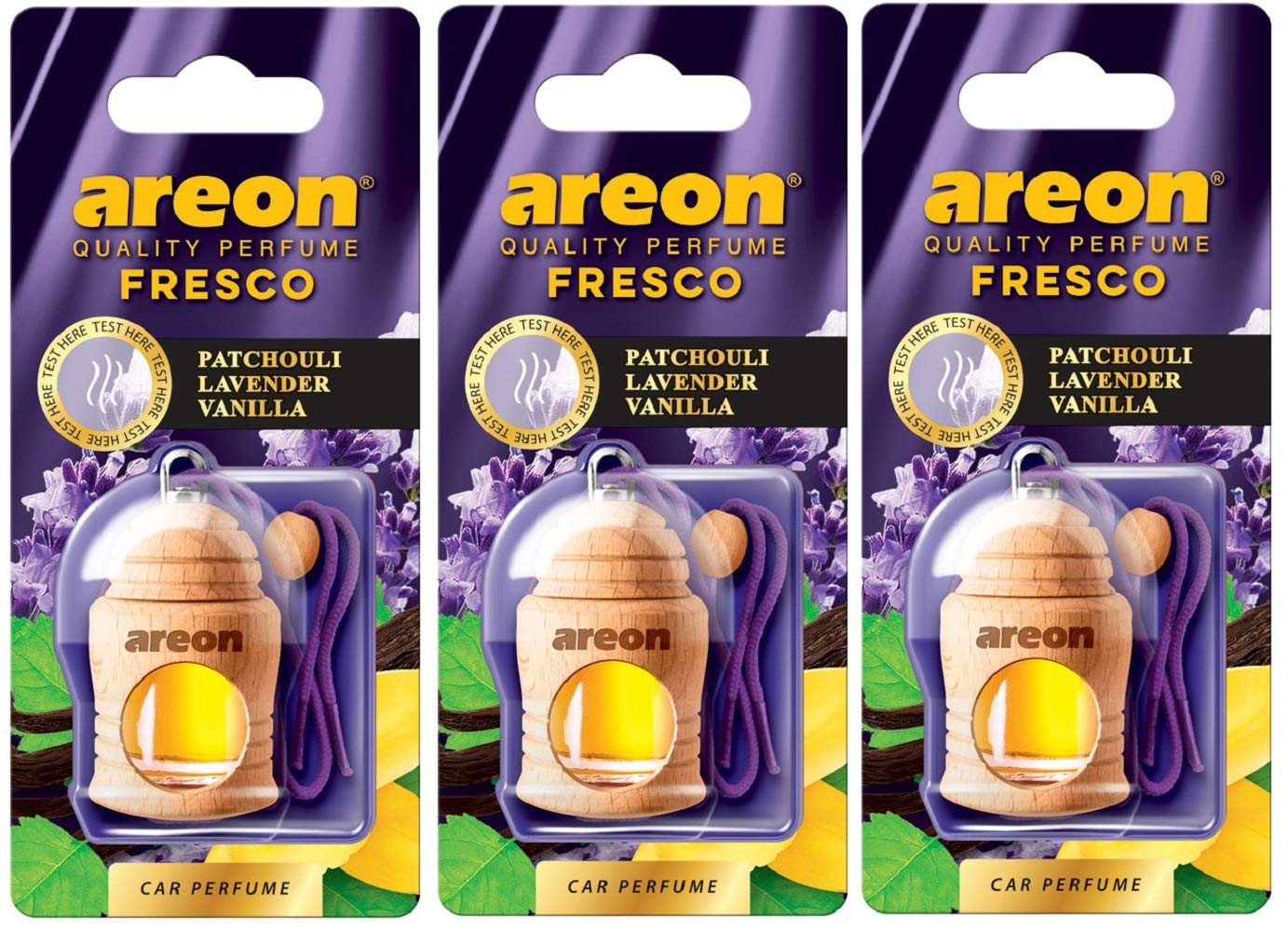 Areon Fresco Auto Duft Patchouli Lavendel Vanille Violett Glas Duftflakon Flakon Holz Hängend Anhänger Spiegel 4ml (Pack x 3) von AREON