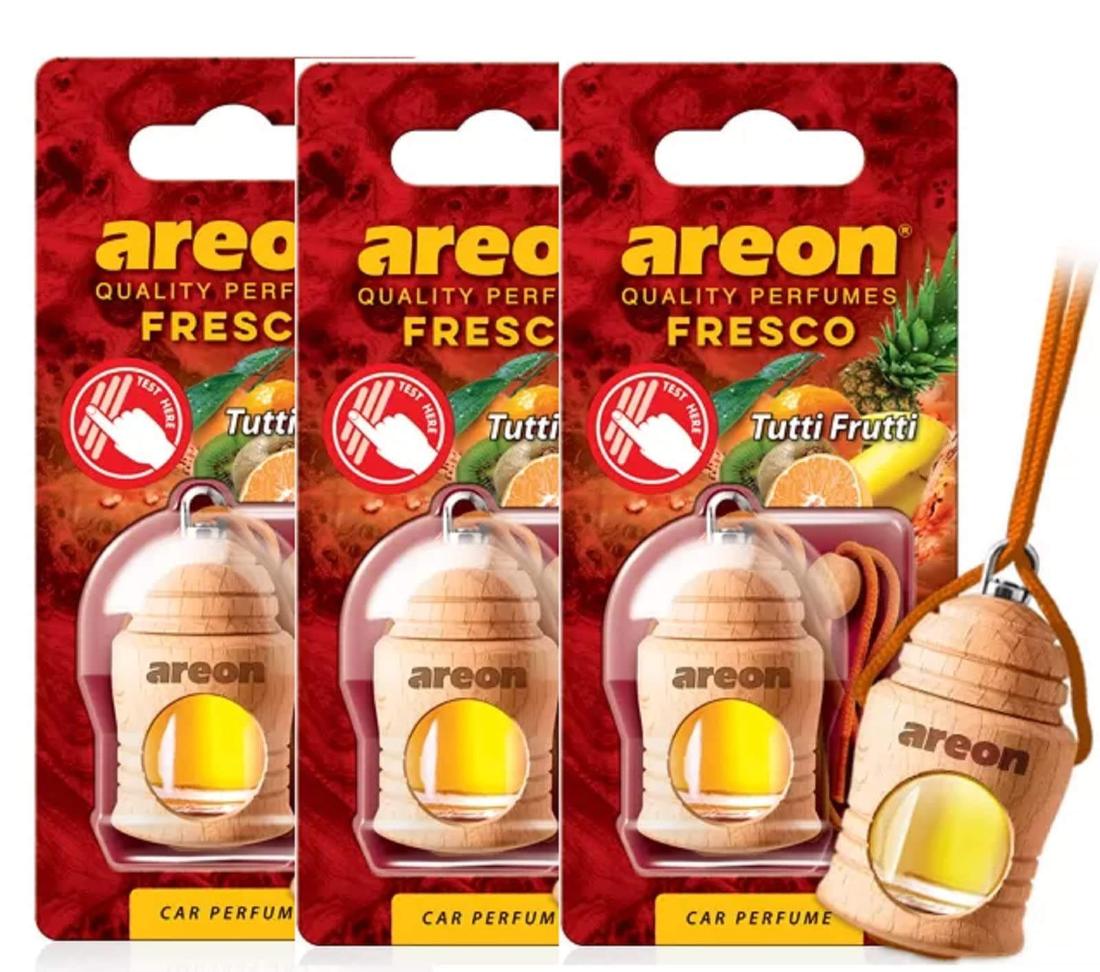 AREON Fresco Auto Tutti Frutti Glas Duftflakon Orange Flakon Holz Hängend Anhänger Spiegel 4ml (Pack x 3) von AREON