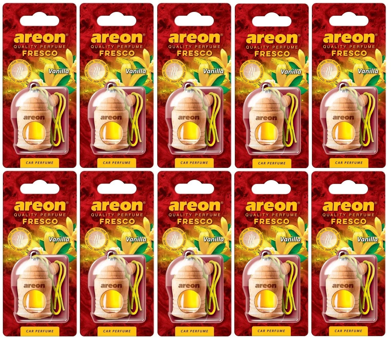 AREON Fresco Auto Vanille Duft Glas Duftflakon Set Flakon Holz Hängend Anhänger Spiegel Gelb 4ml (Pack x 10) von AREON