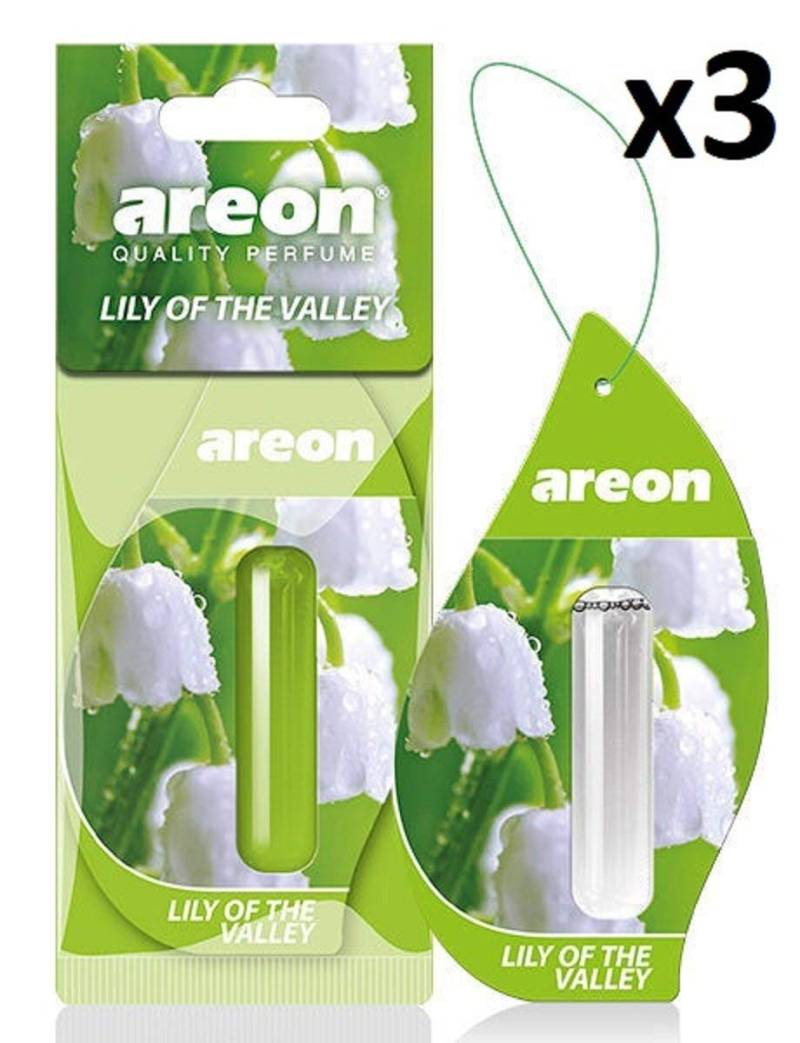 AREON Liquid Auto Duft Maiglöckchen Blume Autoduft Duftflakon Parfüm Flakon Lufterfrischer Aufhängen Hängend Anhänger Spiegel Grün Set 5ml 3D (Lily of The Valley Pack x 3) von AREON