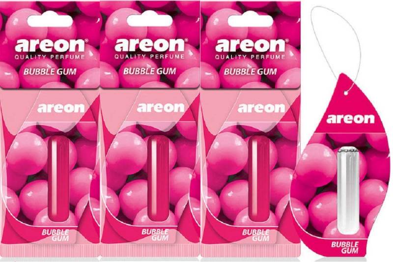 AREON Liquid Auto Lufterfrischer Bubble Gum Duft Autoduft Kaugummi Rosa Duftflakon Parfüm Flakon Aufhängen Hängend Anhänger Spiegel Set 5ml 3D (Bubblegum Pack x 3) von AREON