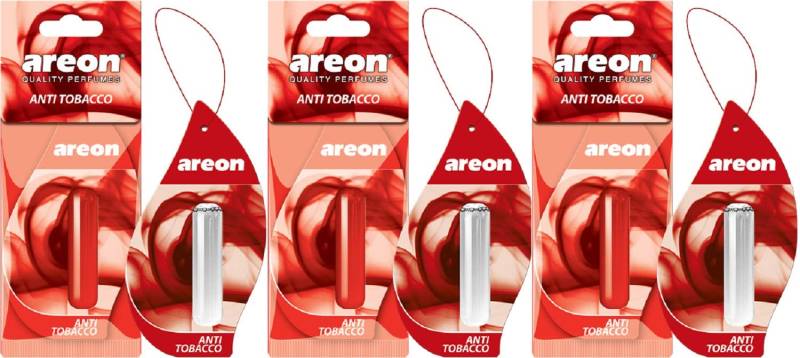 AREON Liquid Lufterfrischer Auto Duft Anti Tabak Autoduft Duftflakon Parfüm Flakon Aufhängen Hängend Anhänger Spiegel Rot 5ml 3D (Anti Tobacco Pack x 3) von AREON