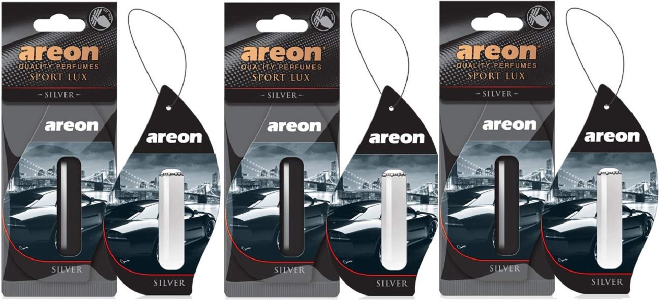 AREON Liquid Lufterfrischer Auto Duft Sport Lux Silber Autoduft Duftflakon Parfüm Flakon Aufhängen Hängend Anhänger Spiegel 5ml Schwarz 3D Set (Silver Pack x 3) von AREON