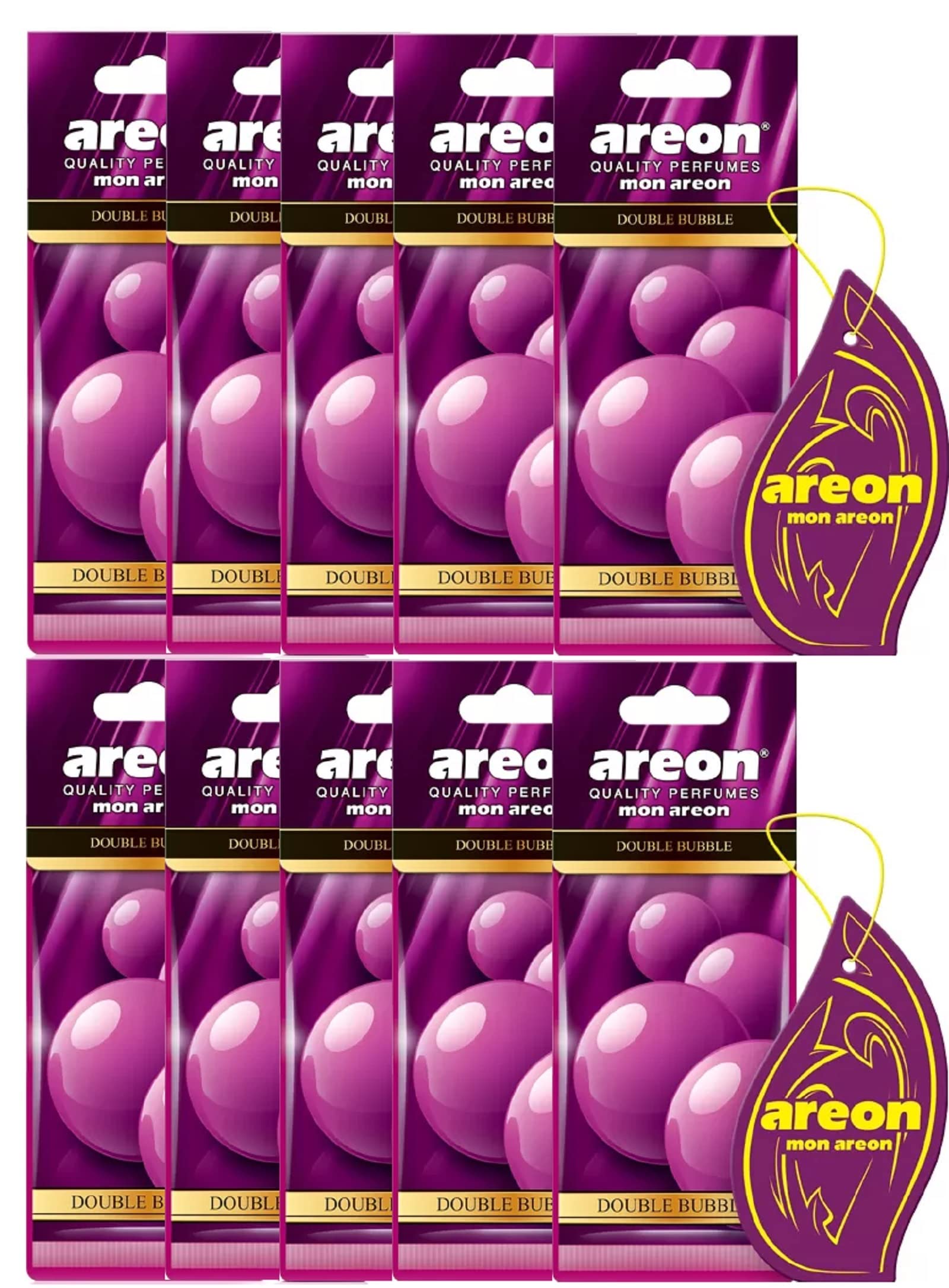 AREON Mon Auto Lufterfrischer Doppelt Bubble Gum Duft Autoduft Kaugummi Pink Rosa Hängend Aufhängen Anhänger Spiegel Pappe 2D Wohnung (Double Bubble Set Pack x 10) von AREON