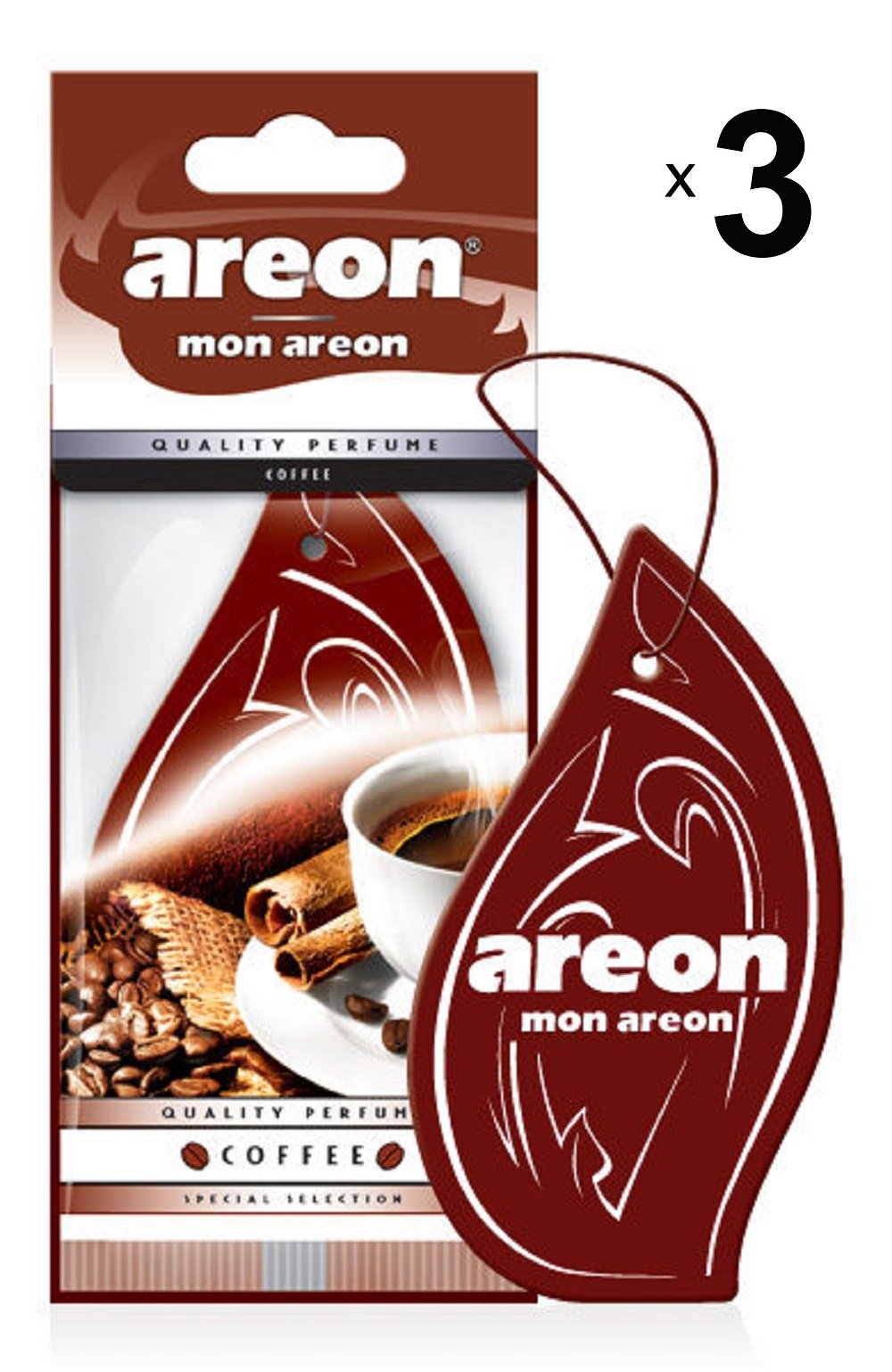 AREON Mon Auto Lufterfrischer Kaffee Duft Autoduft Hängend Aufhängen Anhänger Spiegel Braun Pappe 2D Wohnung (Coffee Set Pack x 3) von AREON