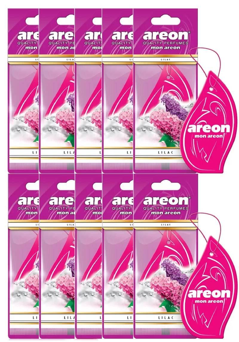 AREON Mon Auto Lufterfrischer Lila Blume Duft Autoduft Anhänger Hängend Aufhängen Spiegel Violett Pappe 2D Wohnung (Lilac Set Pack x 10) von AREON