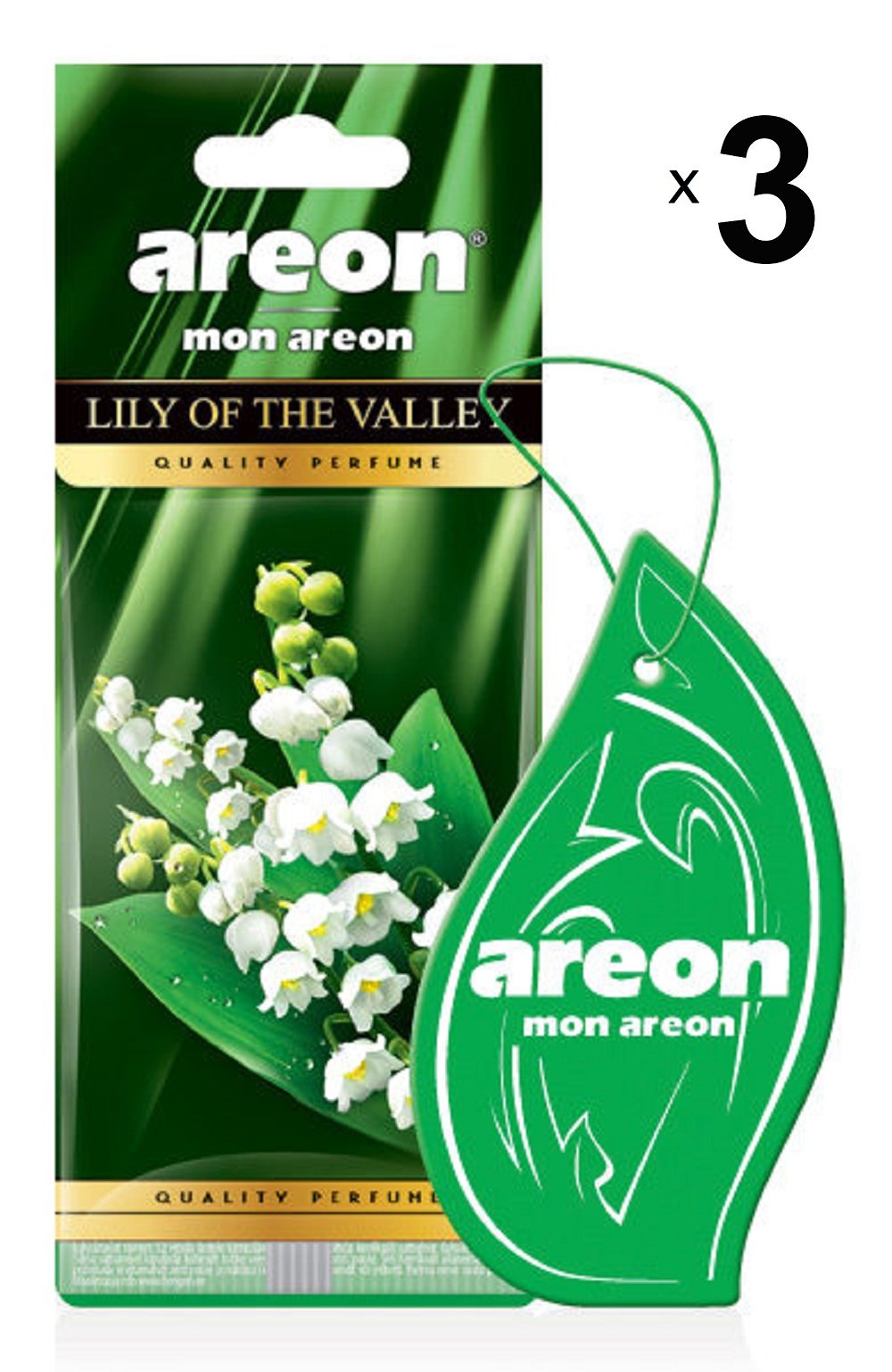 AREON Mon Auto Lufterfrischer Maiglöckchen Grün Blume Anhänger Hängend Aufhängen Spiegel Duft Autoduft Pappe 2D Wohnung (Lily of The Valley Set Pack x 3) von AREON