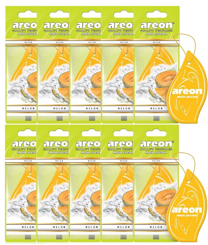 AREON Mon Auto Lufterfrischer Melone Duft Anhänger Hängend Aufhängen Spiegel Gelb Autoduft Pappe 2D Wohnung (Melon Set Pack x 10) von AREON