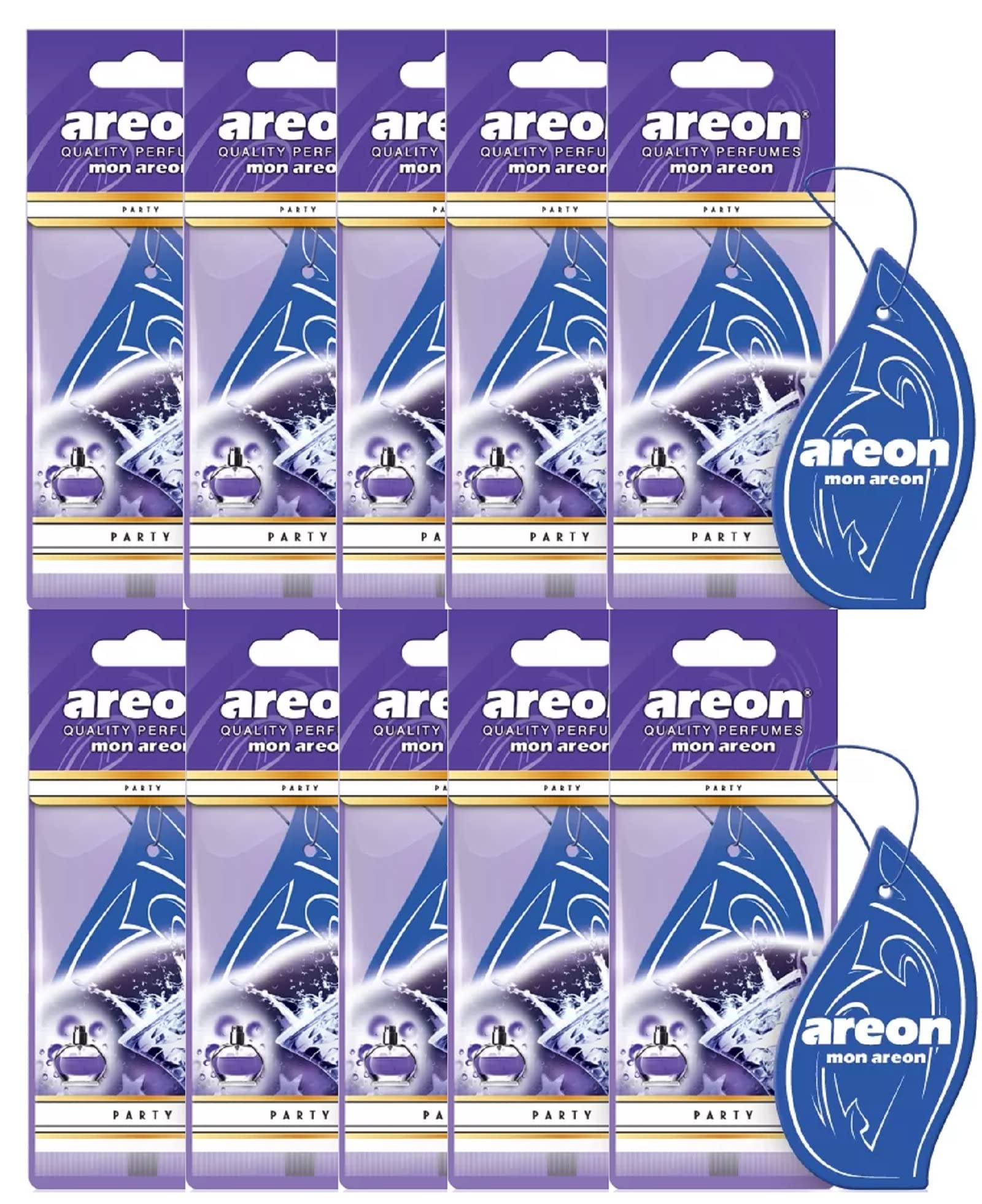 AREON Mon Auto Lufterfrischer Party Anhänger Hängend Aufhängen Spiegel Blau Duft Autoduft Pappe 2D Wohnung (Set Pack x 10) von AREON