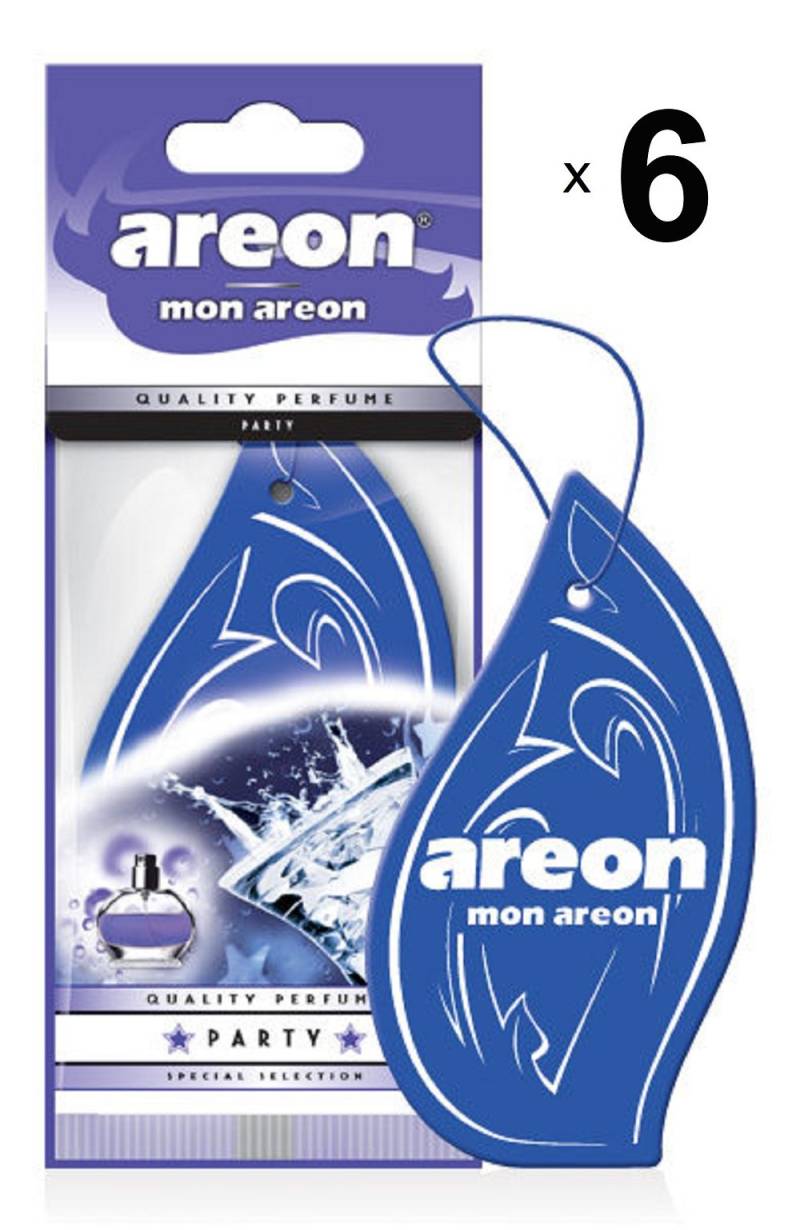 AREON Mon Auto Lufterfrischer Party Anhänger Hängend Aufhängen Spiegel Blau Duft Autoduft Pappe 2D Wohnung (Set Pack x 6) von AREON