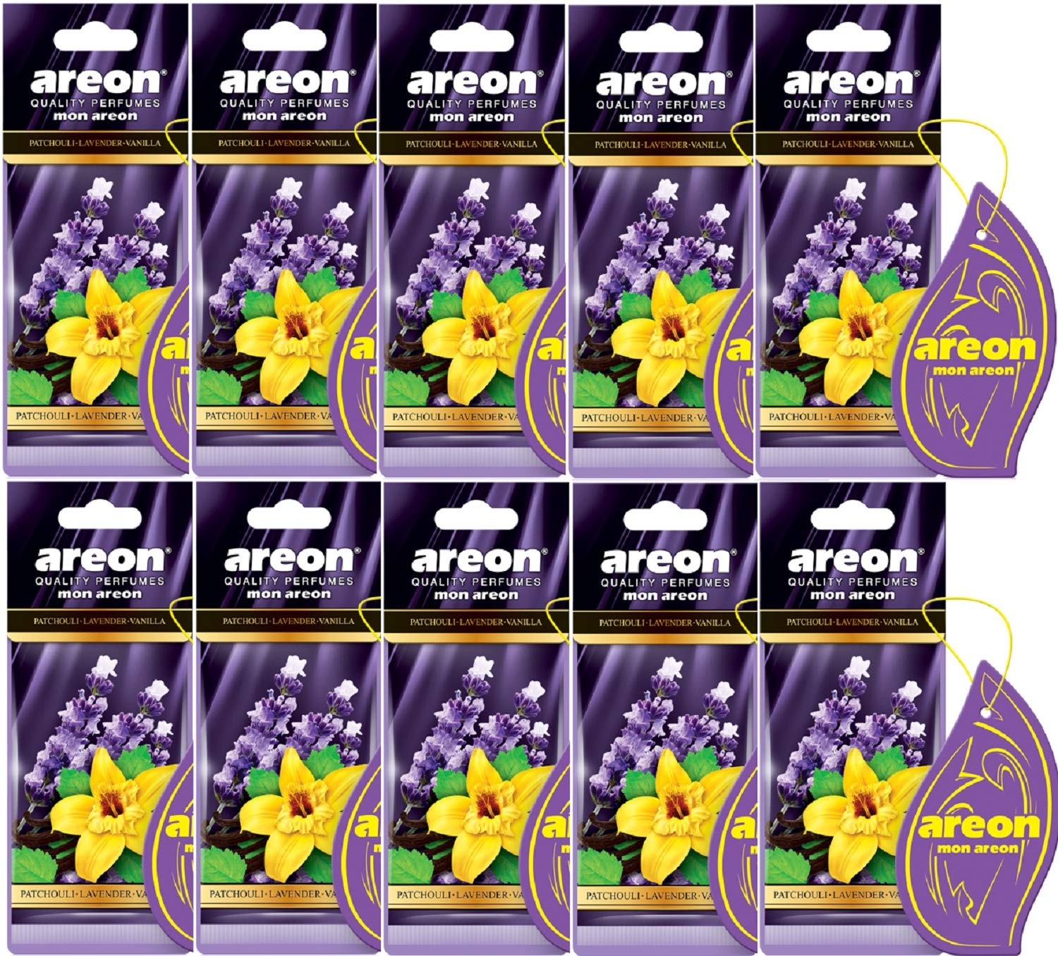 AREON Mon Auto Lufterfrischer Patchouli Lavendel Vanille Duft Autoduft Blume Anhänger Hängend Aufhängen Spiegel Violett Pappe 2D Wohnung (Patchouli Lavender Vanilla Set Pack x 10) von AREON