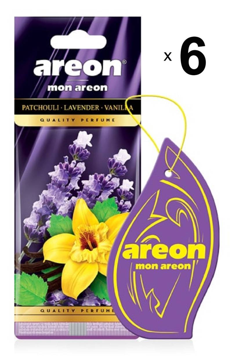 AREON Mon Auto Lufterfrischer Patchouli Lavendel Vanille Duft Autoduft Blume Anhänger Hängend Aufhängen Spiegel Violett Pappe 2D Wohnung (Patchouli Lavender Vanilla Set Pack x 6) von AREON