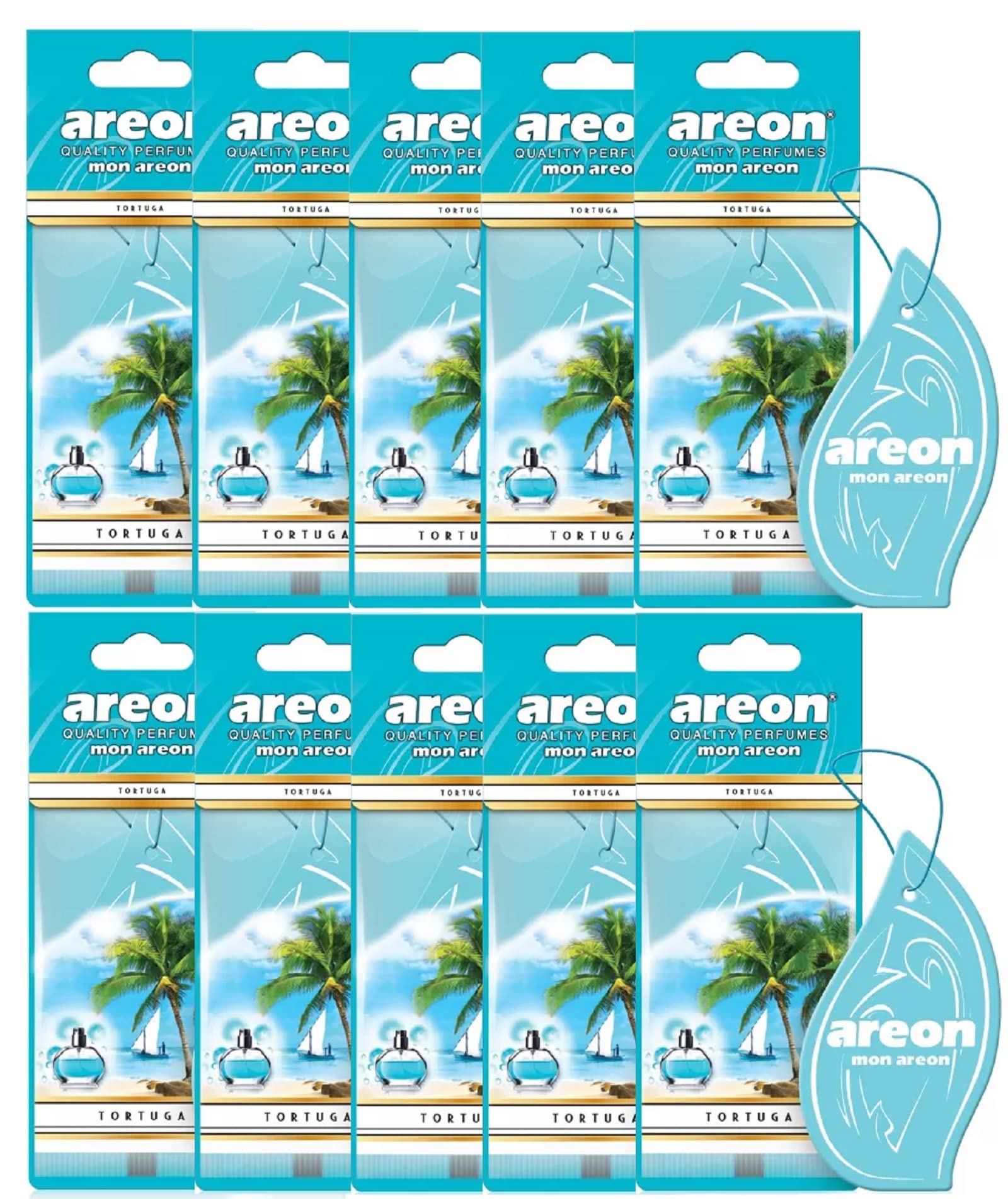 AREON Mon Auto Lufterfrischer Tortuga Anhänger Hängend Aufhängen Spiegel Blau Duft Autoduft Pappe 2D Wohnung (Set Pack x 10) von AREON